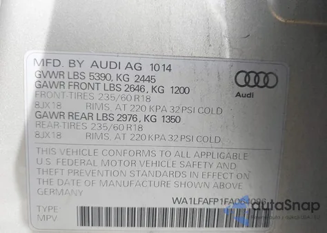 2015 Audi Q5 2.0T Premium from USA, damaged, VIN WA1LFAFP1FA064096